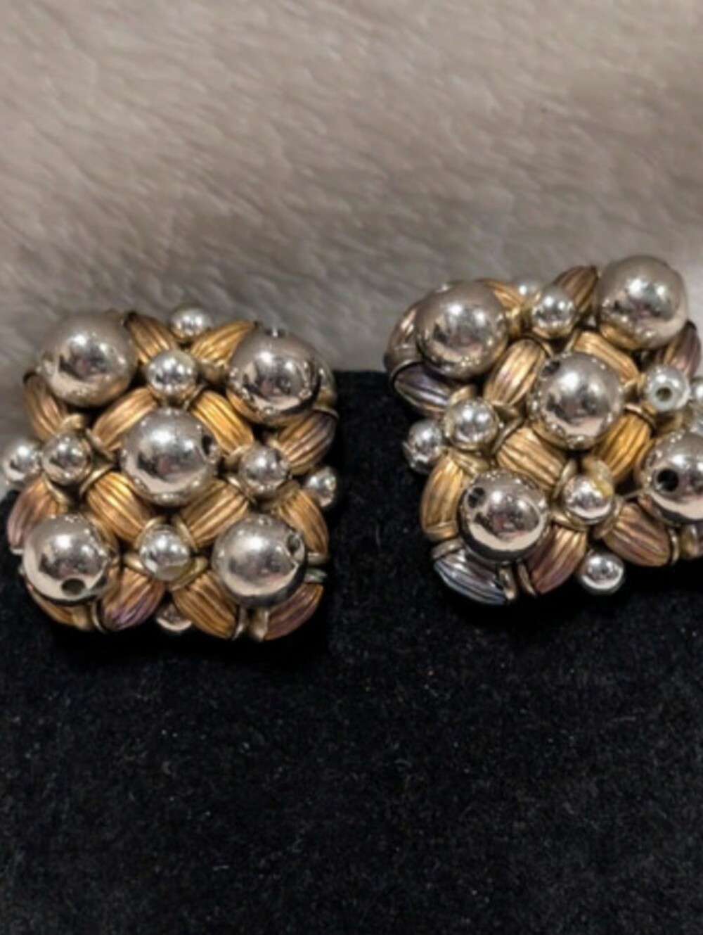 Two-Tone Gold & Silver woven Pattern  With Beaded Accents Clip On earringds
